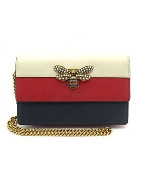 Gucci Wallet Queen Ma Galette Ivory Red Navy Chain Bee Bijou Tricolor Leather